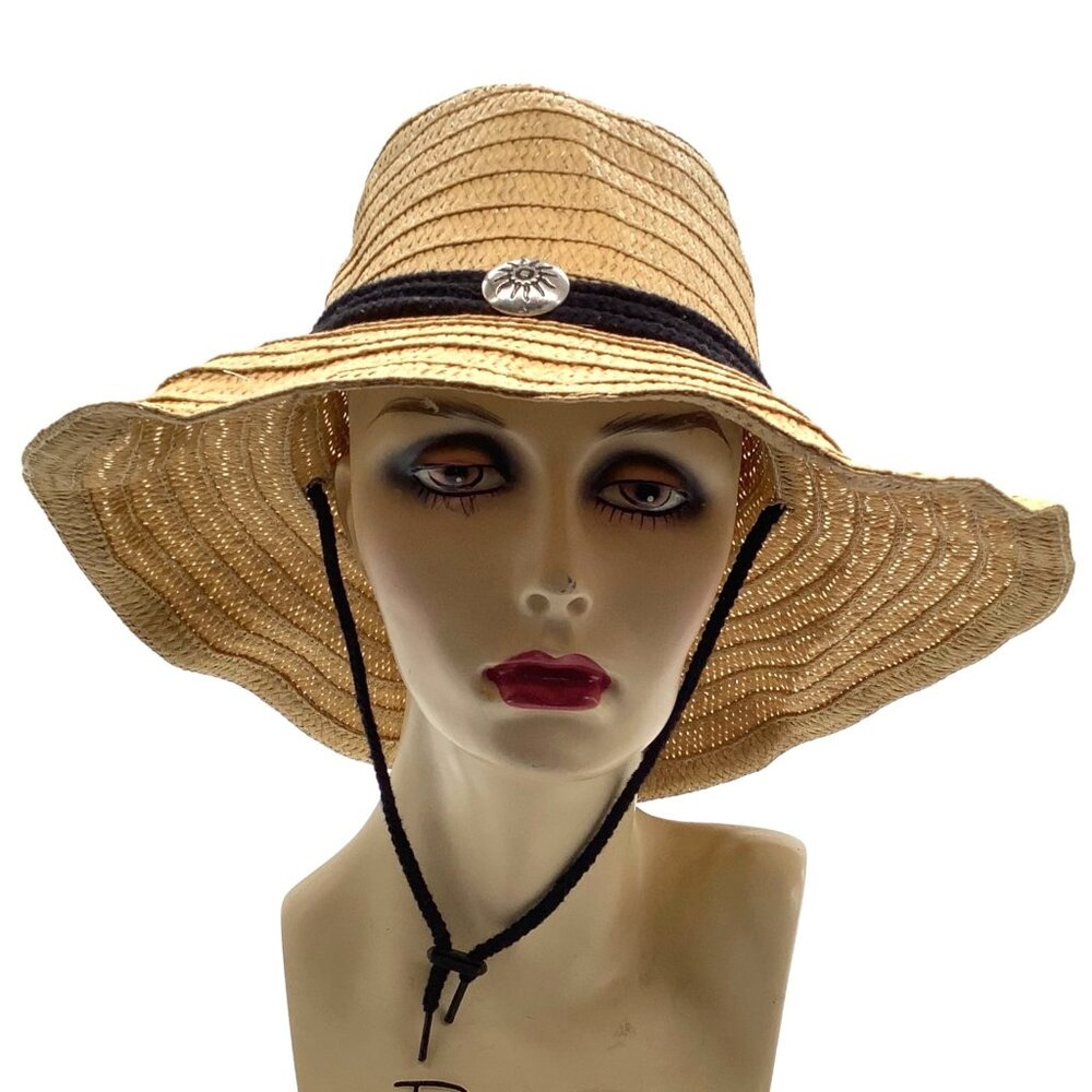 Southwestern Sun Embellished Floppy Wide Brim Straw Panama Sun Hat Draw Cord